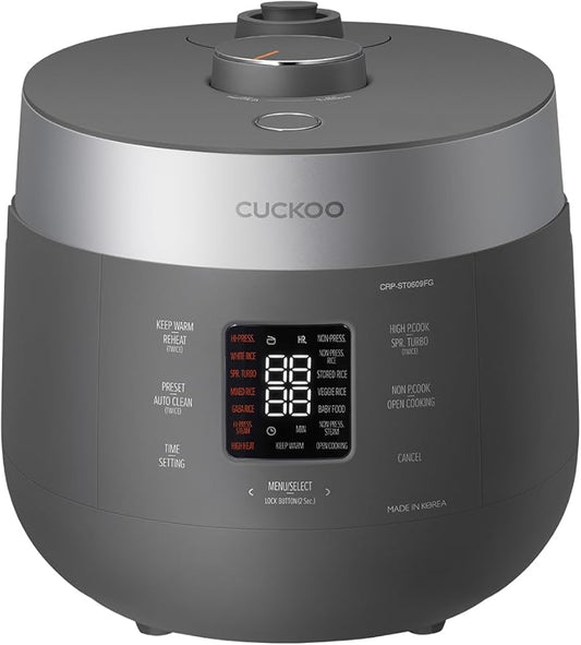 CUCKOO Twin Pressure Rice Cooker 6-Cup Uncooked / 12-Cup Cooked with Nonstick Inner Pot, Versatile Rice Maker & Warmer with 16 Menu Options, Open Cooking Mode, Voice Guide, Gray (CRP-ST0609FG)