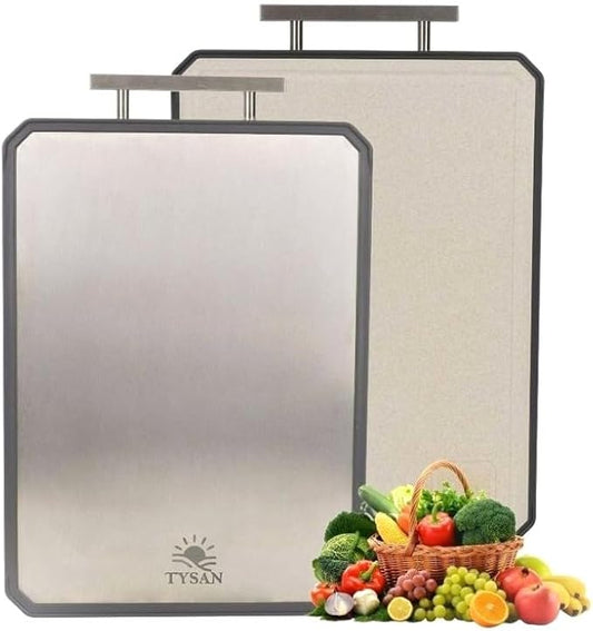 TYSAN Titanium Cutting Board for Kitchen – 2 in 1 Metal Cutting Board for Chopping Meat/Vegetables – Double Sided Pure Titanium & Wheat Straw PP Chopping Board – Food Grade – Large Size 16”×11”