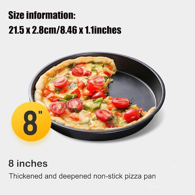 AKOAK 8" Pizza Pan, Non-Stick Pizza Pan, Round Pizza Pan for Oven, Reusable Heavy Duty Carbon Steel Pizza Pan, Black