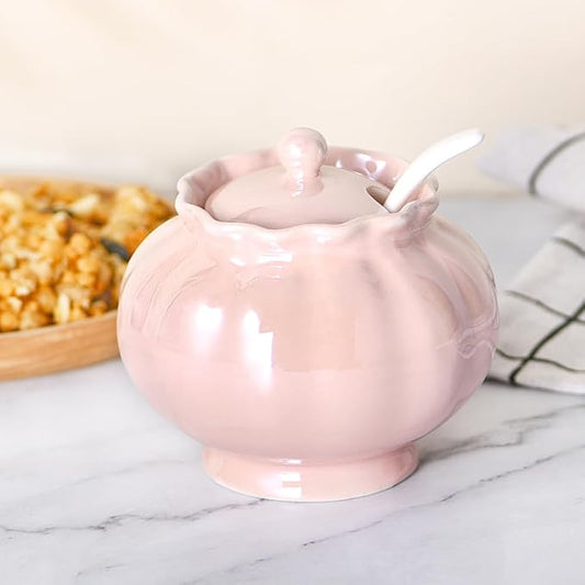Iridescent Sugar Bowl, Porcelain Salt Cellar with Lid and Spoon, 9oz Sugar Jar for Coffee Bar, Salt Box Sugar Containers for Seasoning, Spice, Sauce, Elegant Decor for Kitchen Countertop