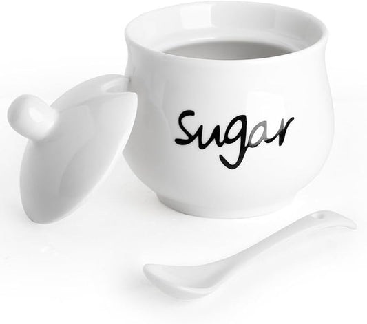Ceramic Sugar Bowl with Lid and Spoon,Porcelain Sugar Jar Sugar Dispenser,White Sugar Container for Coffee Bar Home and Kitchen Decor 7 Ounces