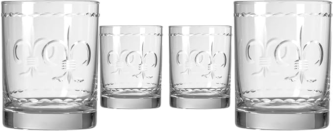 Rolf Glass Fleur De Lis Double Old Fashioned Glass | 13oz Whiskey Glass | Lead-Free and Diamond-Wheel Engraved | Proudly Made in the USA | Set of 4
