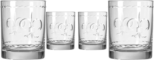Rolf Glass Fleur De Lis Double Old Fashioned Glass | 13oz Whiskey Glass | Lead-Free and Diamond-Wheel Engraved | Proudly Made in the USA | Set of 4