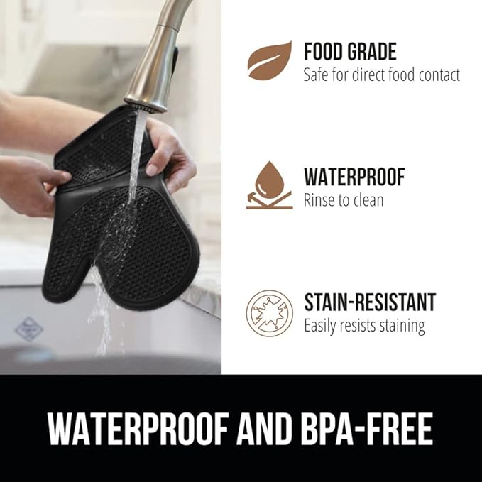 GORILLA GRIP BPA-Free Soft Silicone Oven Mitts and Pot Holders Sets of 4, Heat Resistant Waterproof Cooking Gloves, Thick Cotton Lining, Flexible Gripping for Baking Grilling, Kitchen Trivets, Black