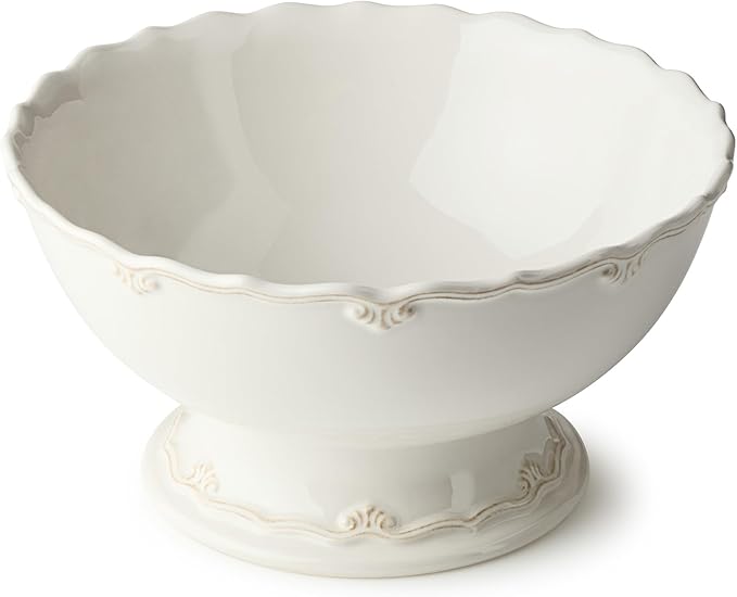 Heritage Scroll Footed Deep Bowl – 80 oz Stoneware Serving Bowl with Pedestal Base & Sculpted Ivory Scroll Rim – Elegant 10.75" x 5.5" Deep Bowl for Salads, Fruit & Entertaining