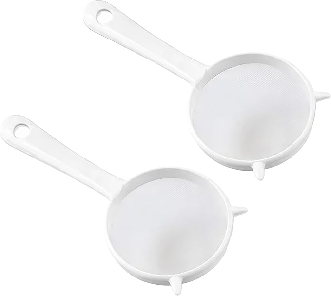 2Pcs Small White Mesh Kitchen Sifter - Plastic Mesh Strainers Sieve,Colanders and Sieve with Handle for Tea Pasta Flour Rice Fruits Vegetable, Food Strainers
