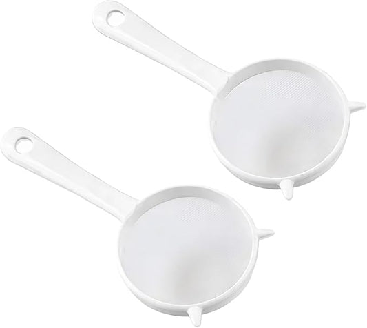 2Pcs Small White Mesh Kitchen Sifter - Plastic Mesh Strainers Sieve,Colanders and Sieve with Handle for Tea Pasta Flour Rice Fruits Vegetable, Food Strainers