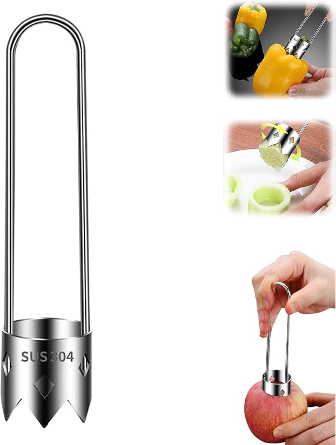Multifunctional Fruit And Vegetable Core Remover,Red Bell Pepper Seed Corer Universal Stainless Steel Fruit Core Remover,Bell Pepper Corer Cutter Tool for Kitchen Gadget (1, Silver)