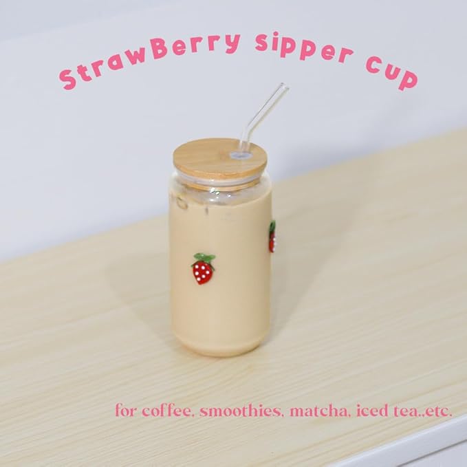 Coquette Aesthetic Can Glass Cup with Bamboo Lid and Straw, 16oz Cute Strawberry Tumbler for Smoothie, Iced Coffee Matcha Cup, Trendy Stuff Gifts for Women, Girl Gift