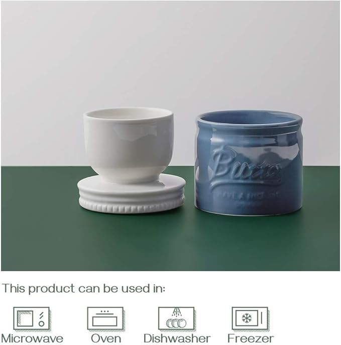 DOWAN Porcelain Butter Keeper Crock, French Butter Dish with Lid, Embossed Butter Container for Soft Butter, Big Capacity & Humanized Water Line, Airy Blue