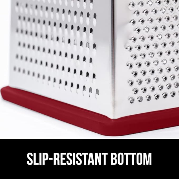 GORILLA GRIP 4-Sided Stainless Steel Cheese Grater With Container, 100% BPA-Free Box Grater, Slip Resistant Base and Handle, Grate Parmesan, Hard Cheeses, Shred Vegetables, Dishwasher Safe, Red