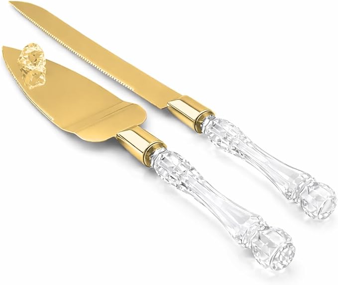 Adorox Elegant Cake Knife and Server Set - Stainless Steel with Crystal Handle - Perfect for Weddings & Anniversaries,and Special Celebrations (Gold)