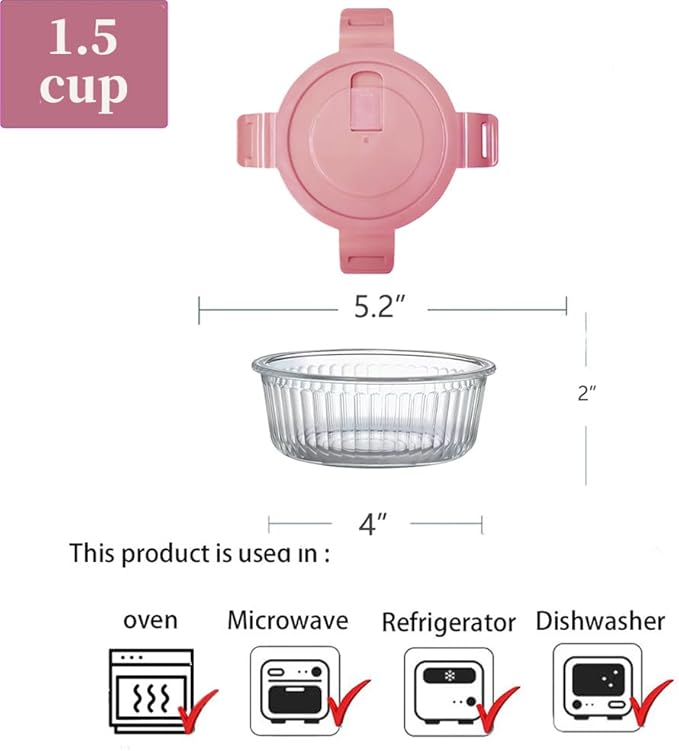 Small Round Glass Food Storage Containers with Lids, 1.5 Cup Round Food Containers set BPA-Free, 12oz Glass Lunch Bowls for Soup Leftover, Microwave, Dishwasher and Freezer Safe (4pack)