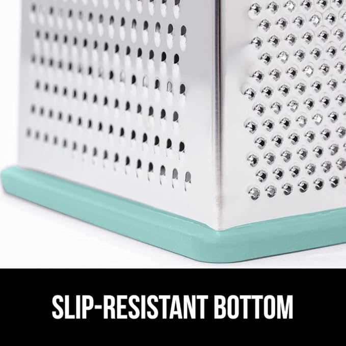 GORILLA GRIP 4-Sided Stainless Steel Cheese Grater With Container, 100% BPA-Free Box Grater, Slip Resistant Base and Handle, Grate Parmesan, Hard Cheeses, Shred Vegetables, Dishwasher Safe, Mint