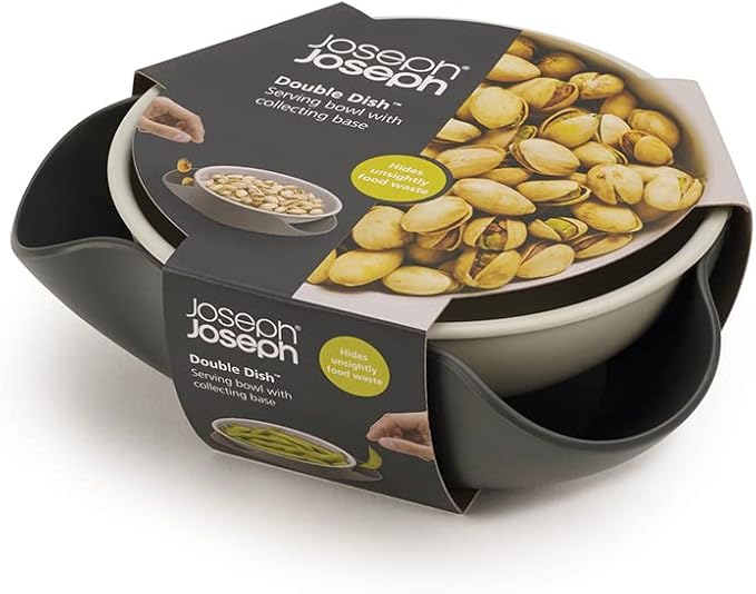 Joseph Joseph Double Dish Pistachio and Snack Serving bowl with Food Waste Compartment, BPA-Free - Grey