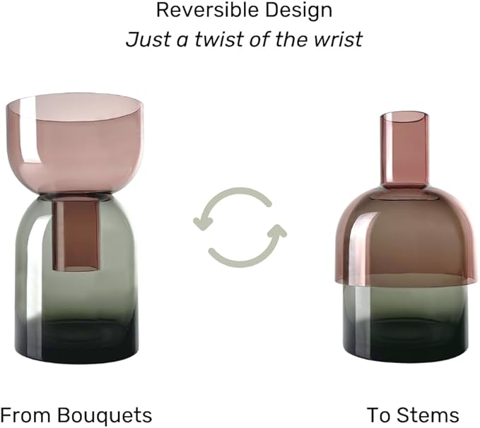 Cloudnola Reversible XL Glass Flower Vase and Bud Vase, Smoke Grey and Pink, 13.1" Height x 7.75" Dia, Home, Wedding, and Event Decor