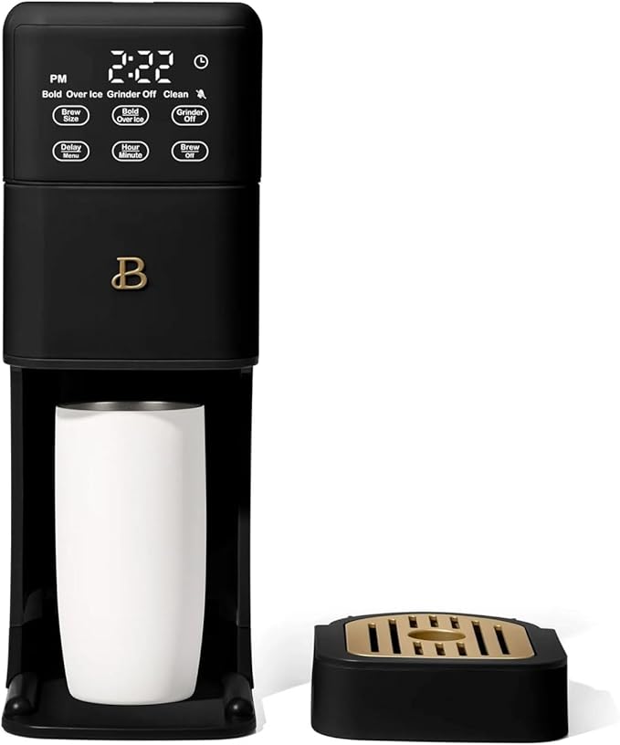 Beautiful Perfect Grind Programmable Single Serve Coffee Maker, Burr Grinder, 64 oz Reservoir, 6 Brew Sizes by Drew Barrymore (Black Sesame)