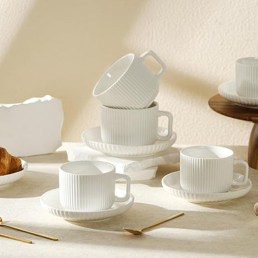 5 Ounce Espresso Cups Set of 4, Small Coffee Cups with Saucers and Spoons, White Cream Ceramic Demitasse Espresso Mugs