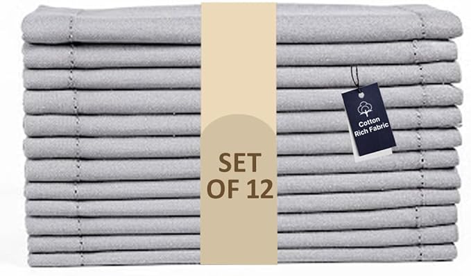 LFH Home Hemstitched Cloth Dinner Napkins 18x18 Inch Set of 12 - Reusable 100% Cotton Machine Washable Cocktail Napkins with Metered Corners for Daily, Party, Wedding, Bar Use - Ash Grey