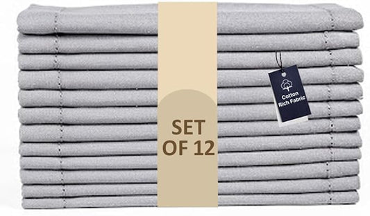 LFH Home Hemstitched Cloth Dinner Napkins 18x18 Inch Set of 12 - Reusable 100% Cotton Machine Washable Cocktail Napkins with Metered Corners for Daily, Party, Wedding, Bar Use - Ash Grey