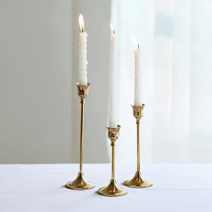 IBSales | Set of 3 Metal Taper Candle Holders – Gold Vintage-Inspired Decorative Centerpiece for Table, Mantel, Wedding, or Housewarming Gift – Elegant Modern Design.
