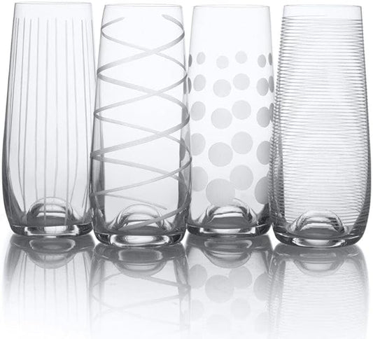 Mikasa Cheers Stemless Flutes, Set of 4-7.5 Oz Crystal Champagne Glasses with Playful Dot, Line & Swirl Designs - Unique Toasting Glassware for Sparkling Wine & Cocktails, Lead-Free