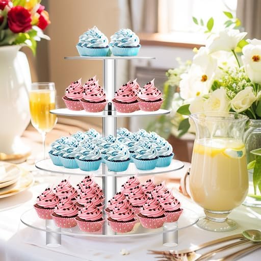 Jusalpha® Large 4 Tier Acrylic Glass Round Cake Stand-cupcake Stand- Dessert Stand-Tea Party Serving Platter-Candy Bar Party Décor, With Rod Feet 4RF-12