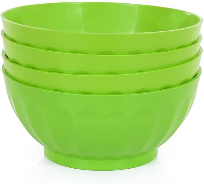 Mintra Unbreakable Plastic Bowl, GREEN 4pk - Large, 1.8L, 60oz, 7.75inW x 3.25inH - (Part Of A Set) - Salad, Snacks, Breakfast Cereal, Fruit, Popcorn, Soup, Colorful, Shatterproof, BPA Free