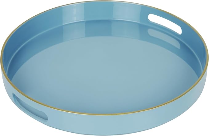 Blue Sturdy Acrylic Serving Tray with Handles-13Inch, Morden Plastic Round Serving Tray for Coffee Table Bathroom, Ottoman, Home Decor
