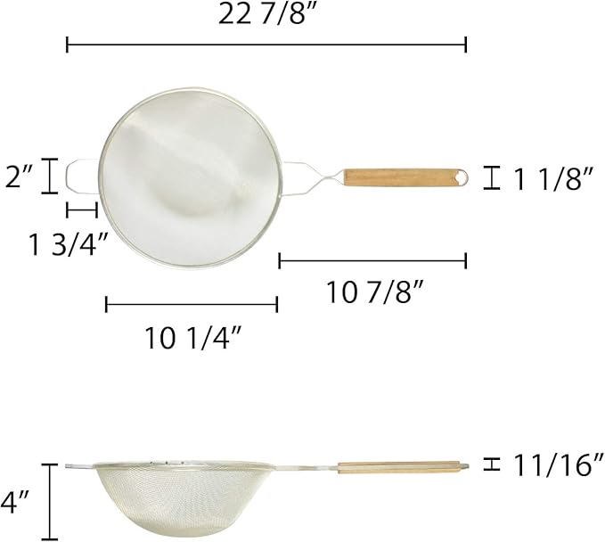 TrueCraftware- 10-Inch Single Medium Tin Mesh Strainer 13" Handle Length Wooden Handle- Kitchen Utensil Food Strainer Skimmer Spoon for Cooking Sieve Sifters Rice Quinoa Pasta Fruits Vegetable