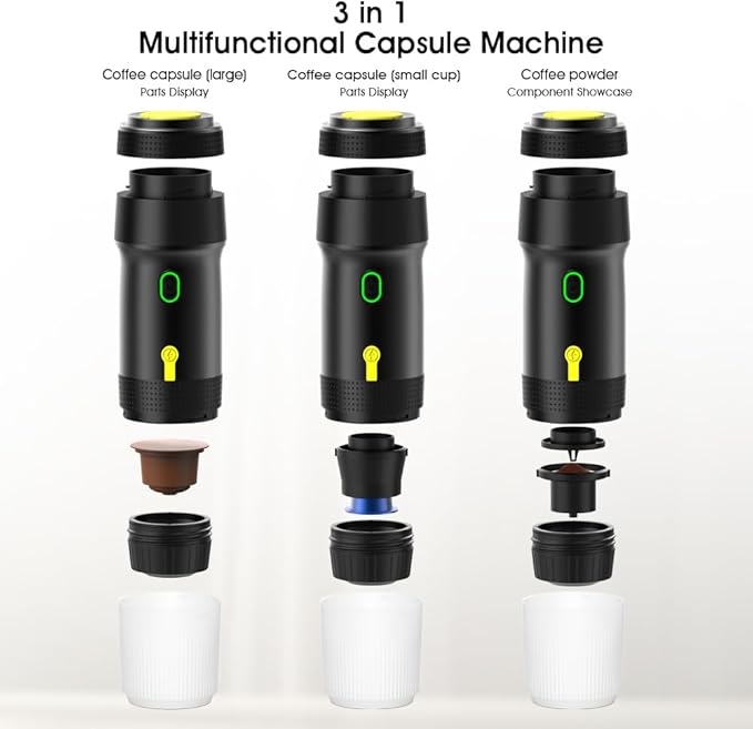 Chefnificent Portable Espresso Maker, 20 Bar Pressure Small Coffee Machine, Rechargeable Battery Operated Mini Coffee Maker for Pods or Grounds, Includes Car Charger, for Hot & Iced Coffee (Silver)