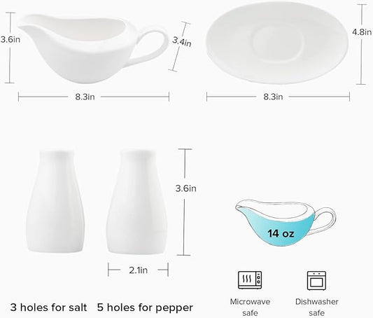 Fine Bone china Gravy Boat with Saucer, Free Salt&Pepper Shaker for Promotion, 14 oz Large Capacity, Pure White Color, Thin and Light Weight, Comfortable to Hold and Easy To Clean, Dishwasher Safe