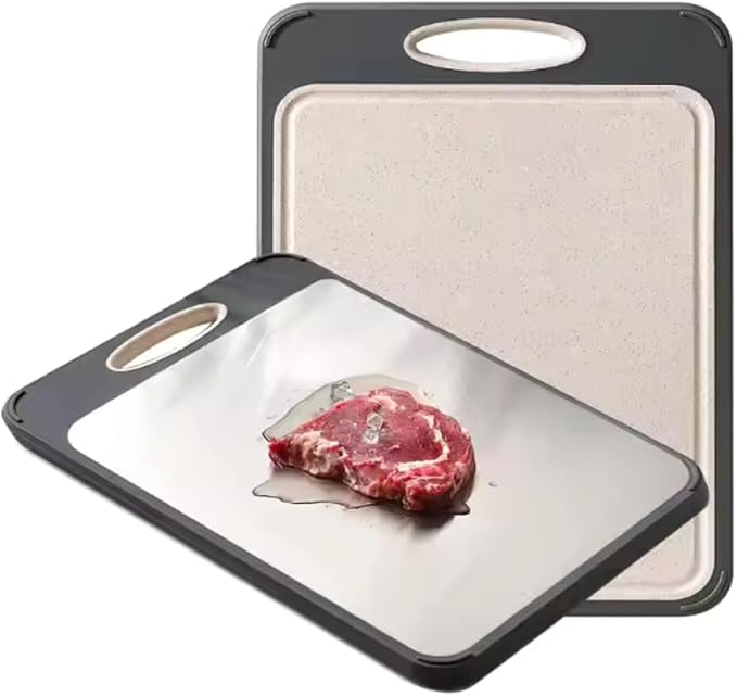 Stainless Steel Cutting Board For Kitchen, Double Sided Wheat Straw Cutting Board for Meat Veggies Fruits, Scratch Resistant and Knife Friendly Chopping Board with Garlic Shredder, 16”×11