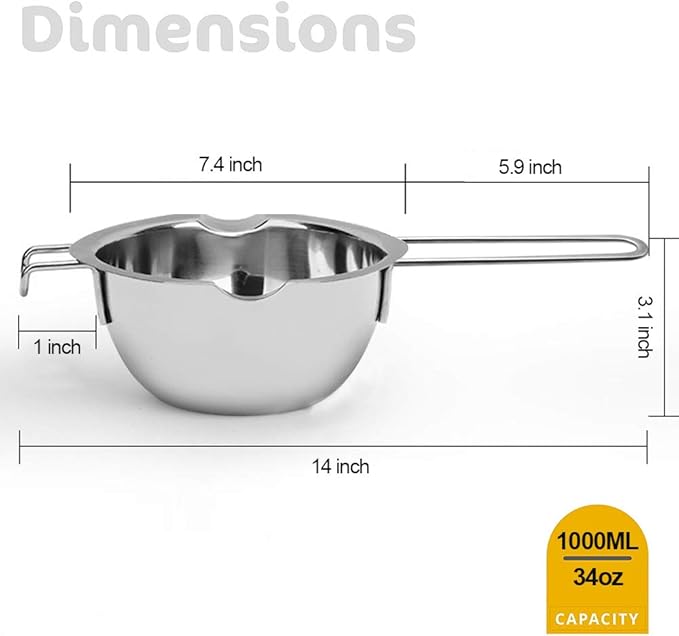 1000ML Upgrade Double Boiler Stainless Steel Melting Pot For Chocolate, Candle and Candy Making (34oz)