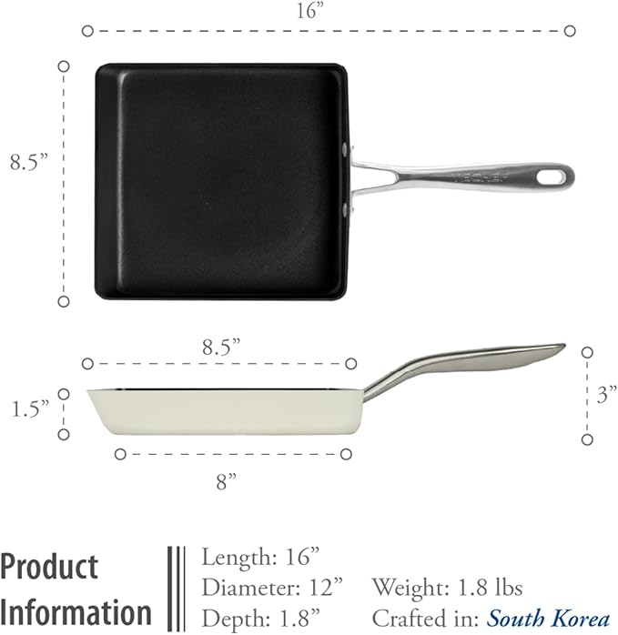 ValenCera TeChef Collection | Ceramic Nonstick Egg Frying Pan, Nontoxic - Nontoxic - Free of PFAS, PFOA, PTFE, Made in Korea (Square Pan)