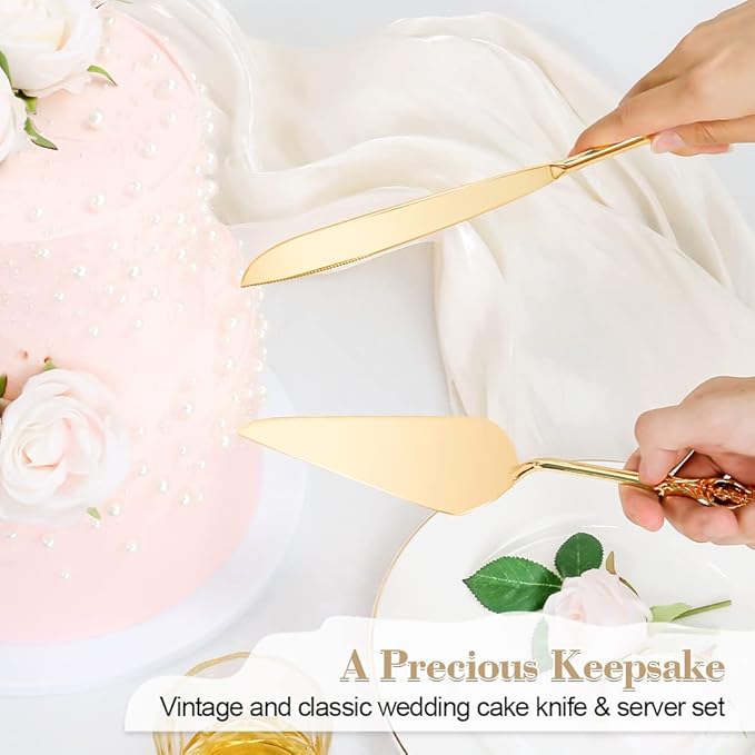 Cake Knife and Server Set for Wedding, Gold Cake Cutting Set, Elegant Cake Knives Cutter Set, Pie Pastry Servers, Birthday Bridal Quinceañera Gift (F-Crown)