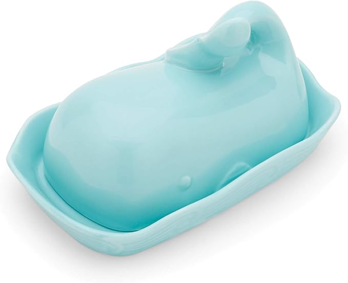 Fox Run Whale Ceramic Butter Dish with Lid, 7", Aqua Blue