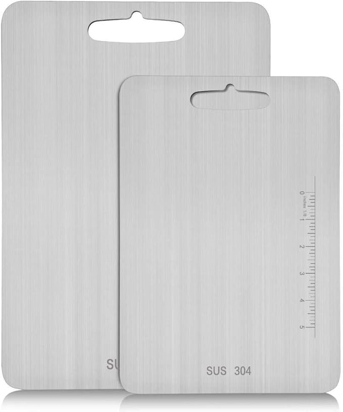 Atmama (14.2" x 9.8"and11.24" x7.87") Stainless Steel Cutting Board for Kitchen,SUS 304 Chopping Board for Meat,Fruit,Vegetables,Baby Food,Dishwasher Safe(2pcs)…