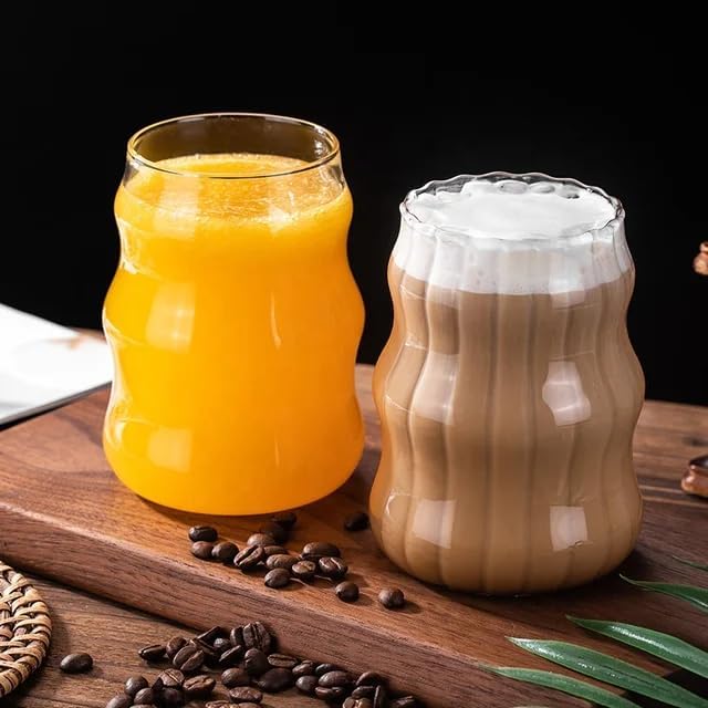 2 Pcs Ribbed Glass Cups, 18 Oz Vintage Drinking Glassware with Wave Shape Design, Bubble Cups for Iced Coffee, Juice, Beverage, Milk, Cocktails, Bubble Tea,
