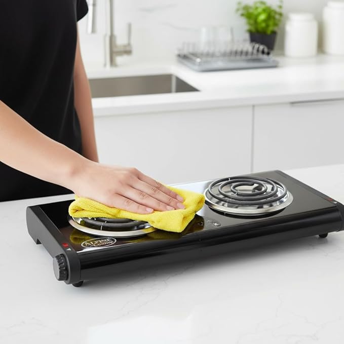ALPINE CUISINE Electric Double Burner, 1500W, Dual Plate Portable Hot Plate for Indoor Cooking, Adjustable Temperature Control, Compact Design, 120V, Ideal for Home, Dorm, RV, or Travel Use