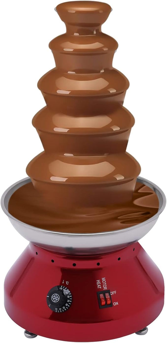 5 Tier Commercial Chocolate Fountain, 230W 7lb Large Capacity Stainless Steel Hot Chocolate Fondue Tower Fountain Machine for Buffet Dinner, Wedding Parties, 86-230℉ (Red)