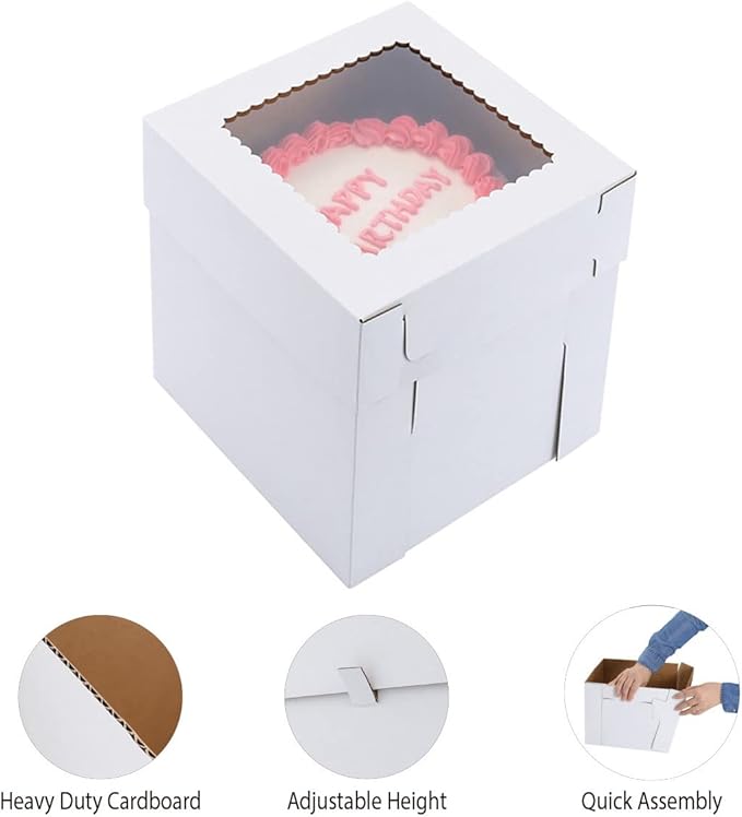 Huoshange Tall Cake Boxes for Tier Cakes,8X8X10 Inch [4Pack ] Thick Sturdy Cake Box with Window,White Cake Carrier, Disposable Cake Containers