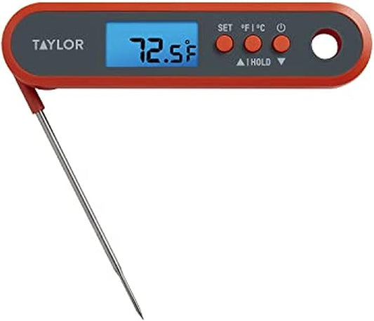 Taylor Digital Waterproof Kitchen Food and Meat Thermometer, with a Folding Probe, Programmable Presets, Backlit Display for Oven, Grilling, Smoker & BBQ - Includes 2 AAA Batteries