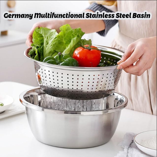 Germany Multifunctional Stainless Steel Basin, 3 in 1 Multifunctional Stainless Steel Basin Strainer Set with Vegetable Strainer & Drain Basket, for Vegetables Fruits (S: 24cm/9.5in)