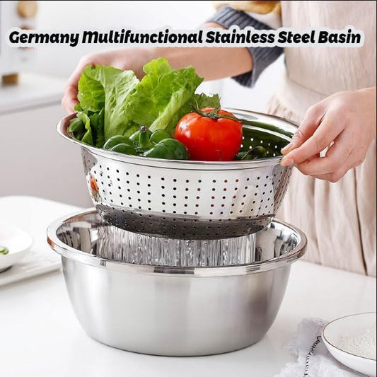 Germany Multifunctional Stainless Steel Basin, 3 in 1 Multifunctional Stainless Steel Basin Strainer Set with Vegetable Strainer & Drain Basket, for Vegetables Fruits (L: 28cm/11in)