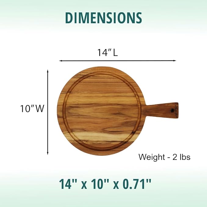 EcoDecors 14" Round Teak Cutting Board with Handle, FSC Certified Solid Wood, Edge Grain with Juice Groove, Carving Board for Kitchen & Prep