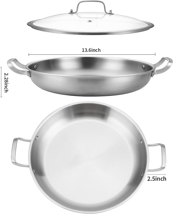 Yeksum Tri-Ply Stainless Steel Paella Pan Large Saute Pan with Lid (Stainless Steel, 13.5 INCH)