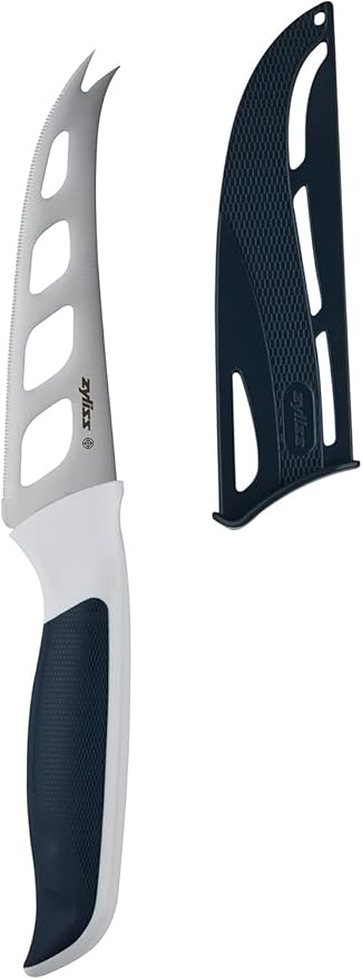 Zyliss Cheese Knife – Stainless Steel Blade with Non-Stick Holes & Forked Tip for Serving – Cuts Soft, Semi-Soft & Firm Cheeses – Gray & White Handle – 4.5"