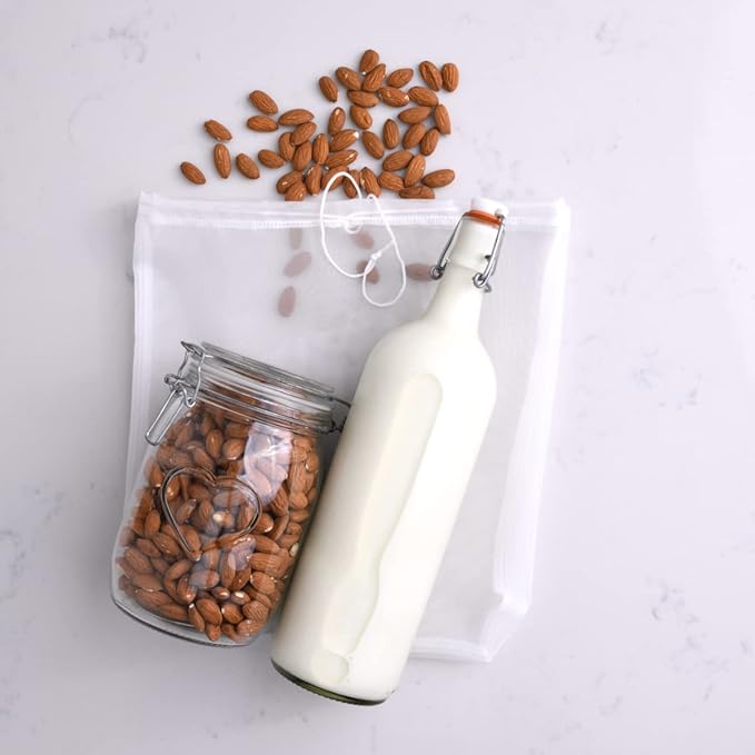 Reusable Nut Milk Bag & All Purpose Food Strainer, Filter, Fine Mesh Nylon, Use for Nut Milks, Juices, Yogurt, Cold Brew 12x12"