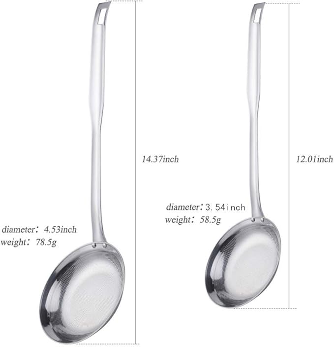 Set of 2 Food Strainers Fine Mesh, Mingcheng 304 Stainless Steel Hot Pot Fat Skimmers for Cooking Grease Gravy and Foam with Long Handle, Small(Dia 3.54in) and Large(Dia 4.53in) Size Silver